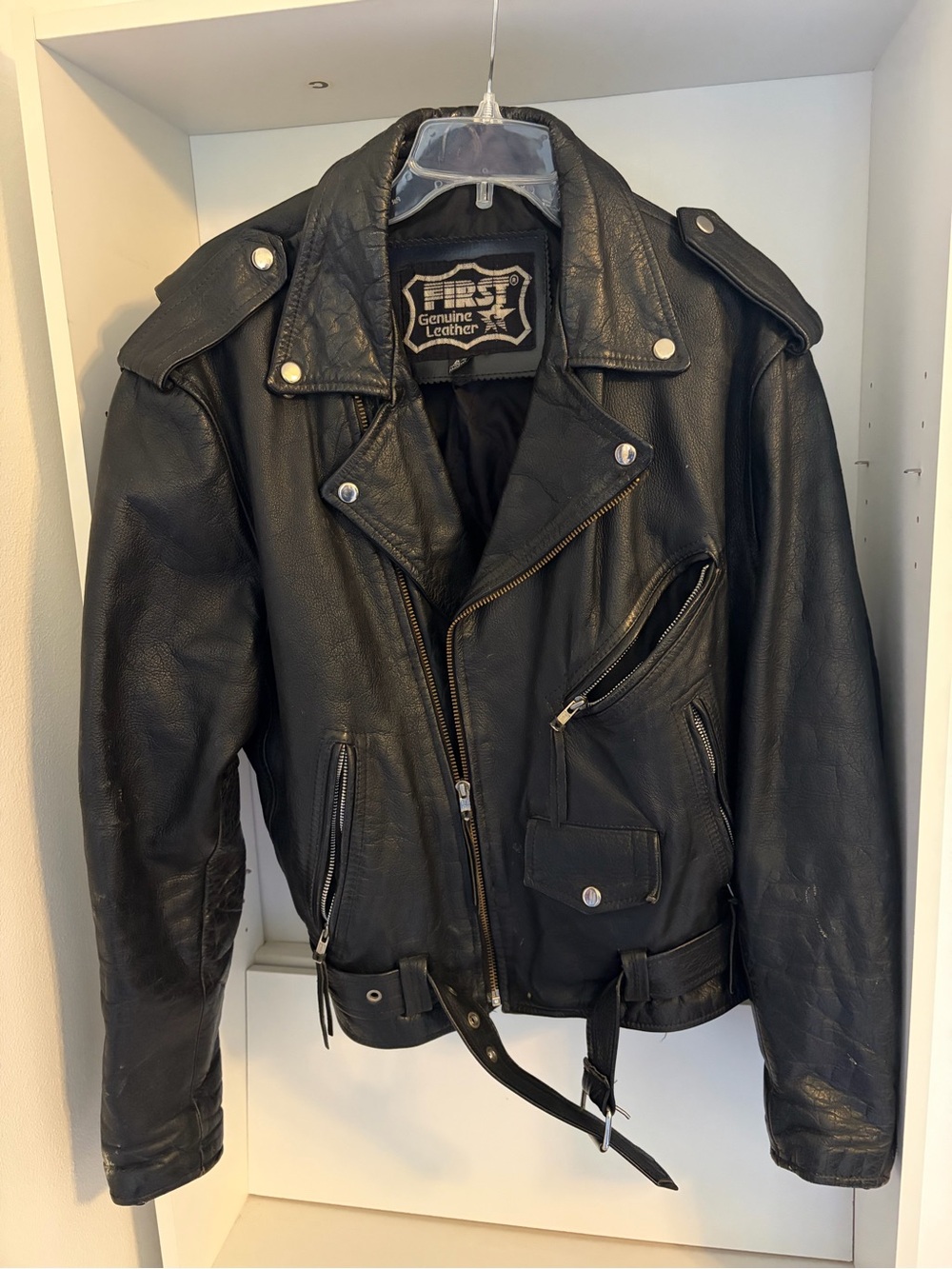 Classic Black Leather Biker Jacket with Belt
